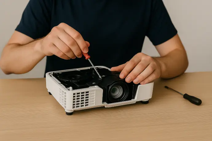 Technicien qui répare un vidéoprojecteur