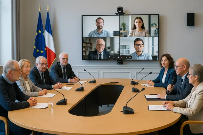 Salle du conseil départemental avec un système de visioconférence