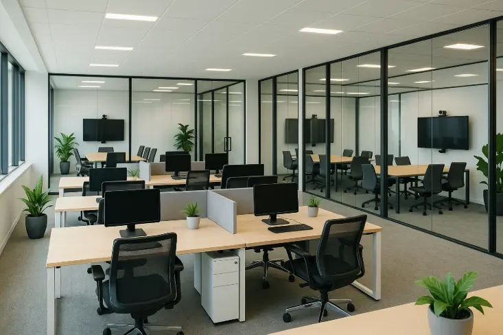 Open Space équipé de salles de réunion modernes pour la visioconférence.