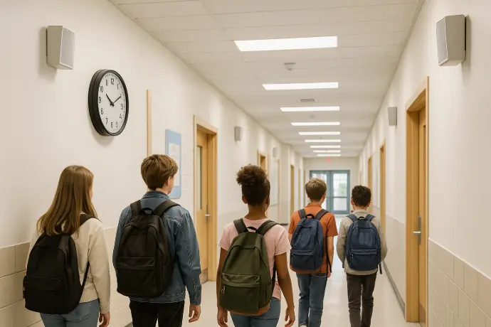 Couloir d'un établissement scolaire équipé d'une horloge et d'une sonnerie