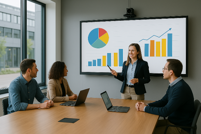 Salle de réunion avec un écran interactif et un système de visioconférence