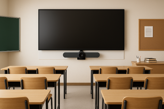 Salle de classe hybride avec un écran interactif et un système de visioconférence